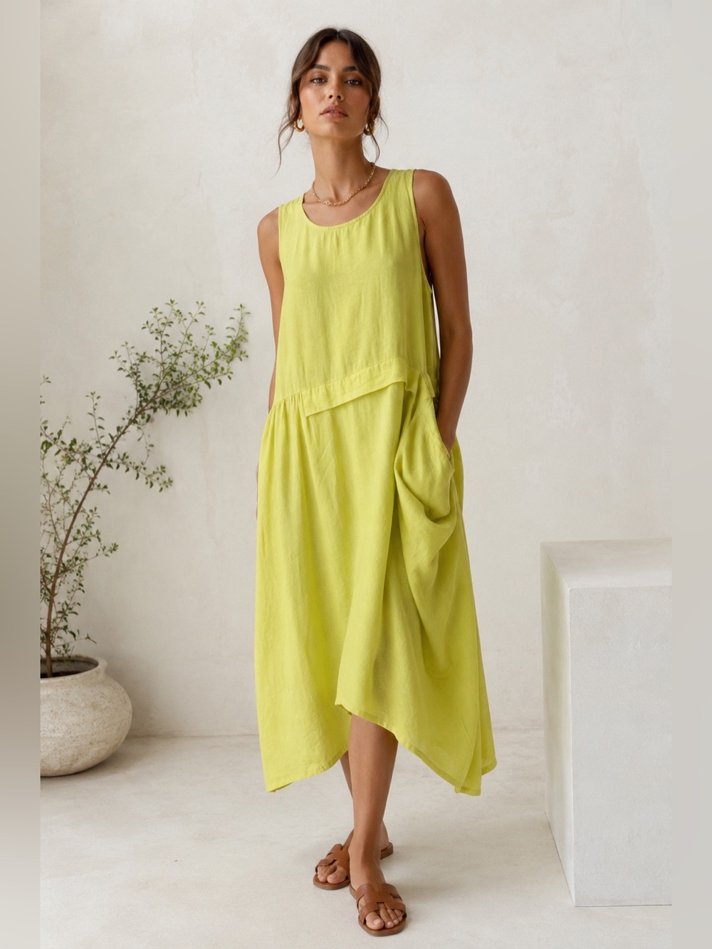 ANIMALE 100% Linen Asymmetrical Tunic Dress | Chartreuse | US 10